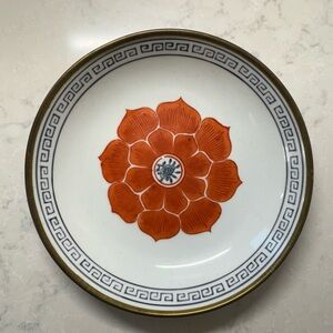 Vintage Hand Painted Decorative Porcelain Bowl W/ Brass Trim Orange Flower Motif